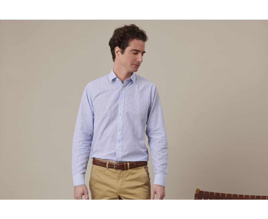 Chemise coton et lin Bleu Océan et liseré Blanc - EDIBERT