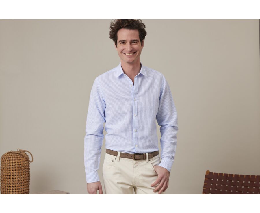Chemise coton et lin rayures Bleu Ciel et Blanc - EDIBERT