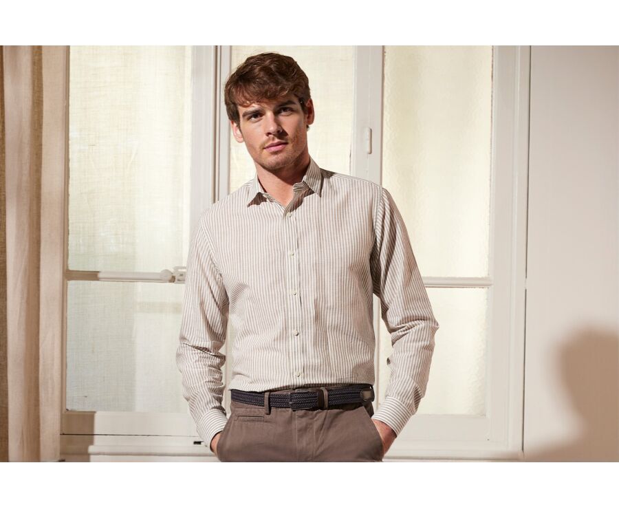 Chemise coton et lin rayures taupe et blanches - EDIBERT