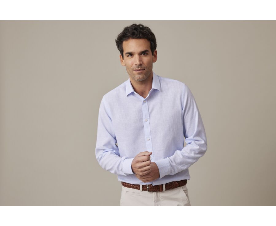 Chemise coton et lin Bleu Clair et liseré Blanc - EDIBERT