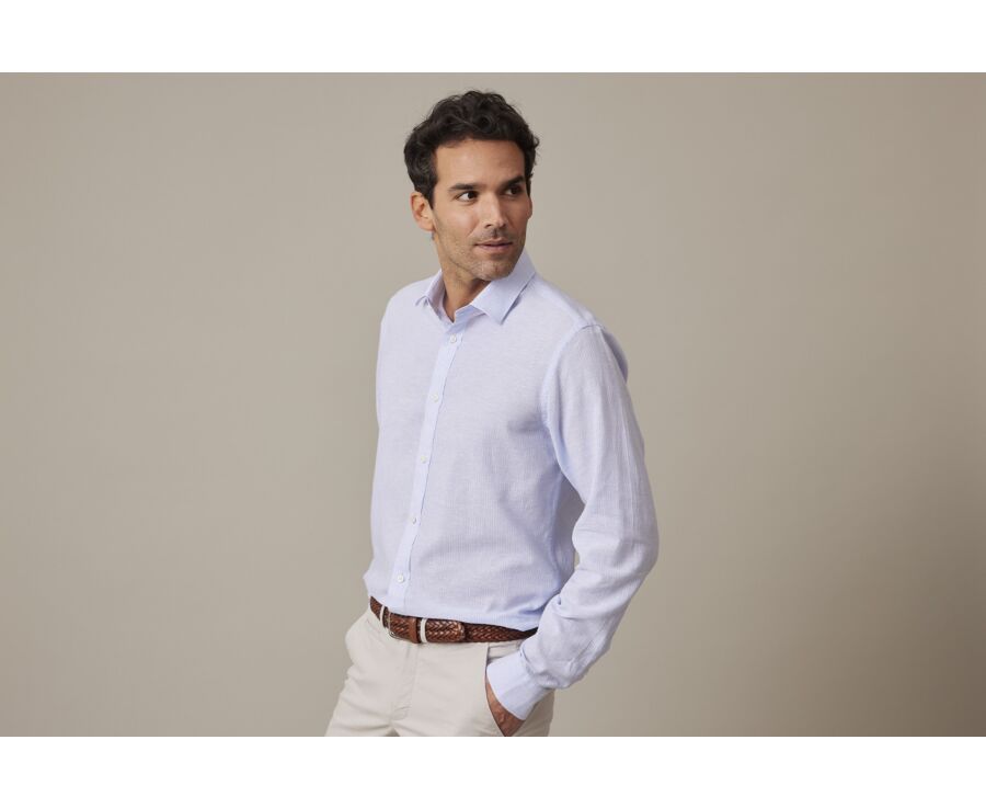 Chemise coton et lin Bleu Clair et liseré Blanc - EDIBERT