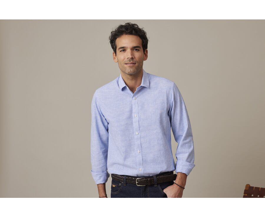 Chemise coton et lin Bleu et liseré Blanc - EDIBERT