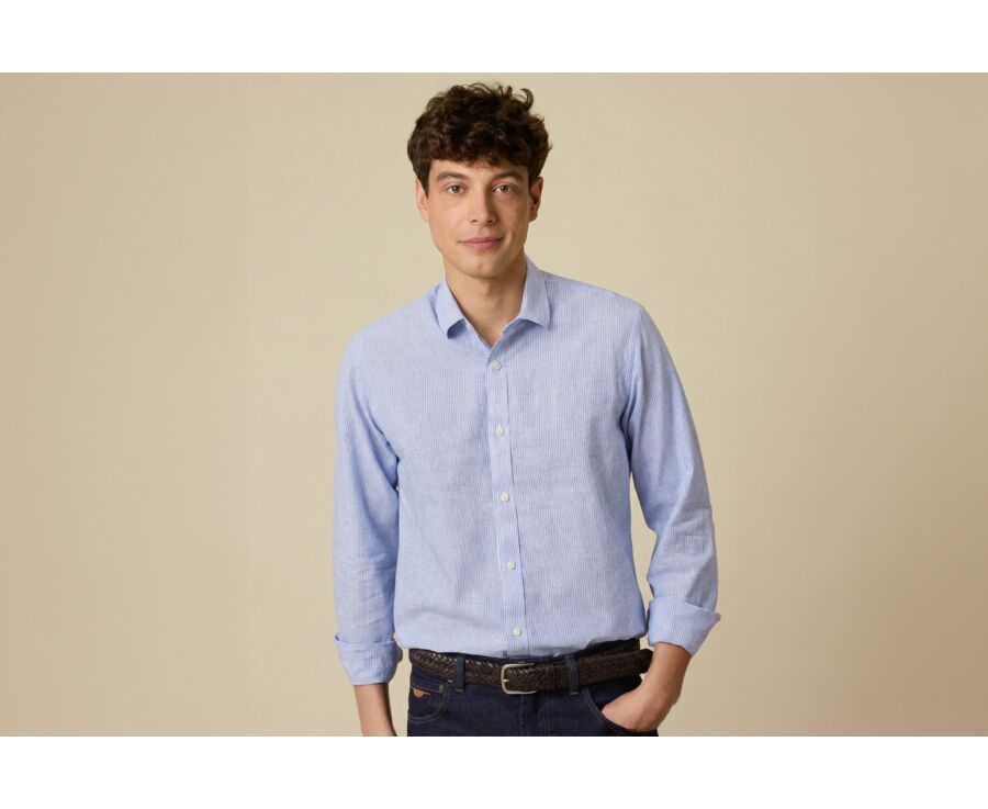Chemise coton et lin Bleu et liseré Blanc - EDIBERT
