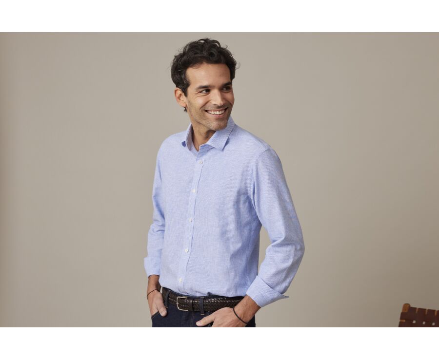 Chemise coton et lin Bleu et liseré Blanc - EDIBERT