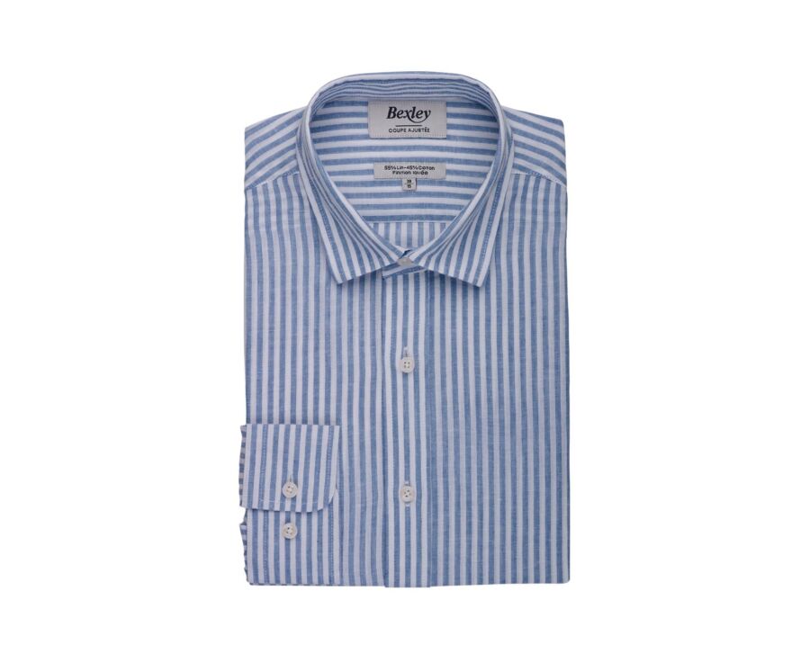 Chemise en coton et lin à rayures bleu vintage et blanc - EDIBERT