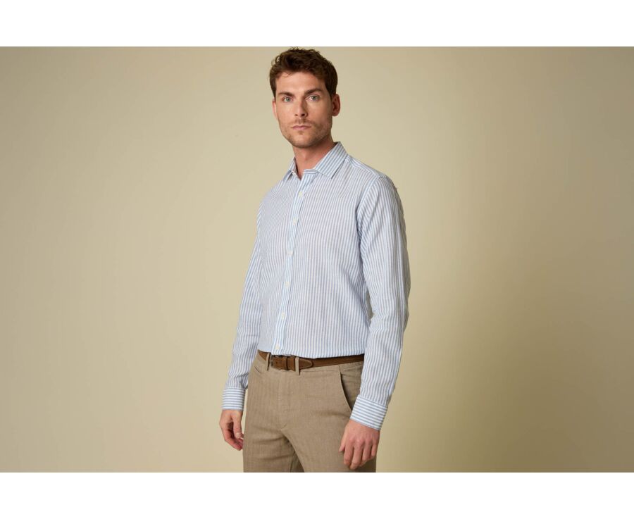 Chemise en coton et lin à rayures bleu vintage et blanc - EDIBERT
