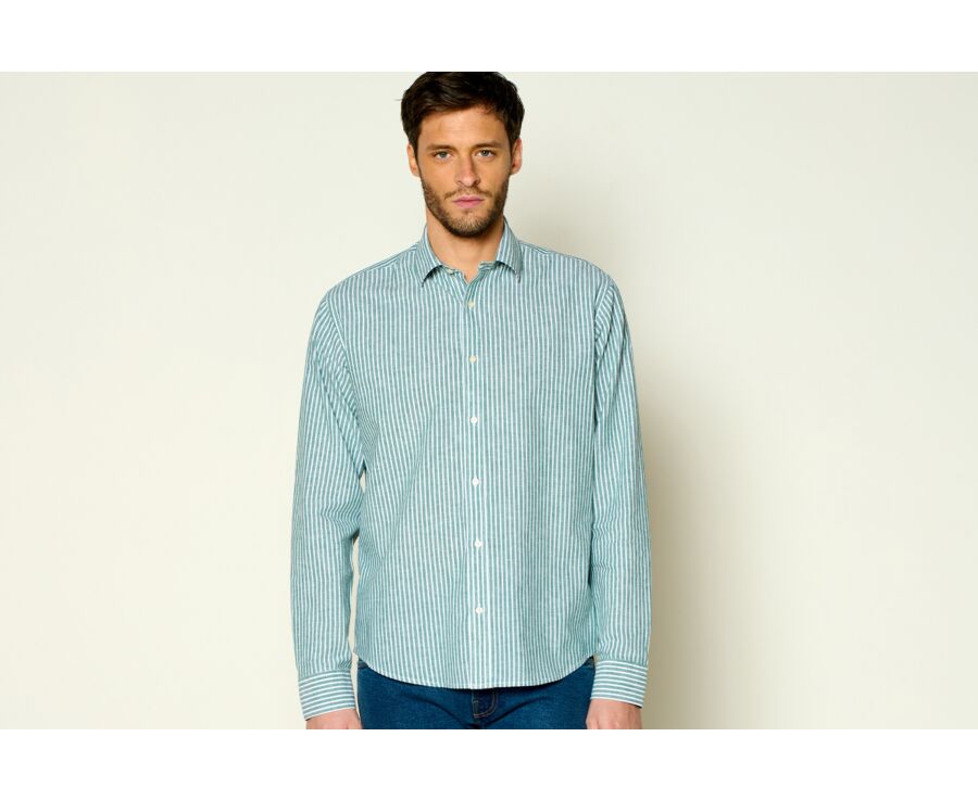Chemise coton et lin Chambray Vert et liseré Blanc - EDIBERT
