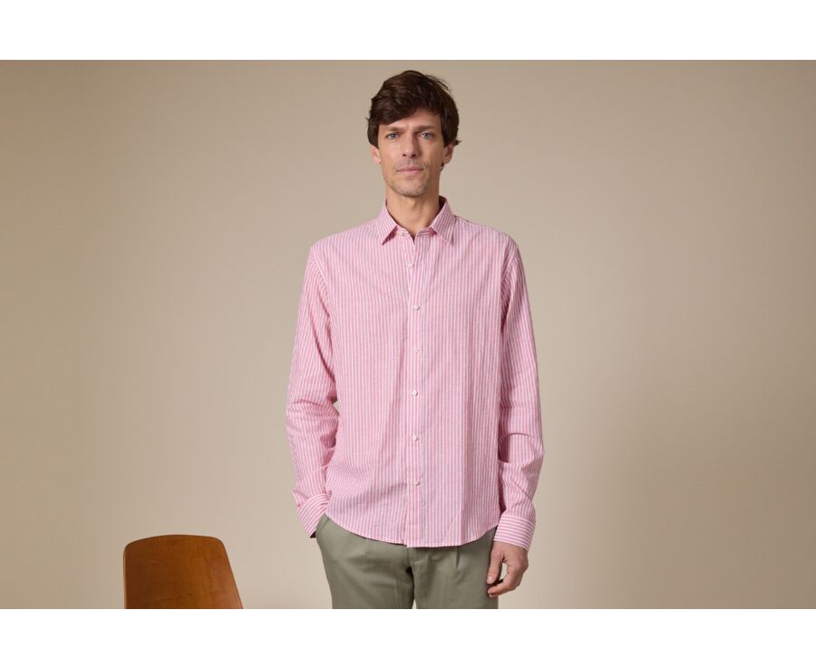 Chemise à rayures coton/lin Vieux Rose et Blanc - EDIBERT