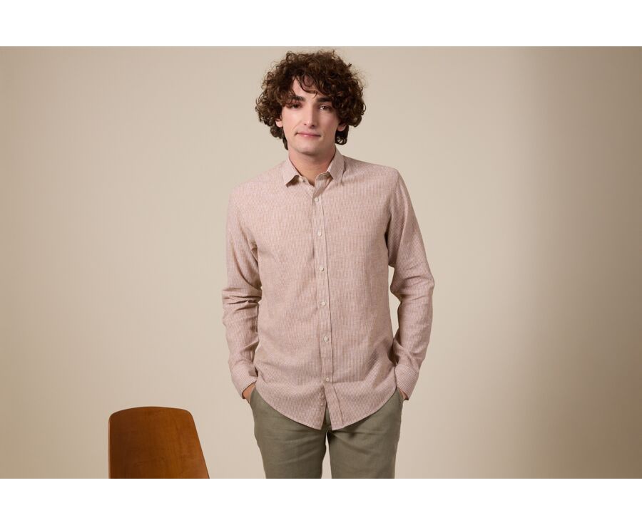 Chemise coton et lin Chambray Camel et Liseré Blanc - EDIBERT