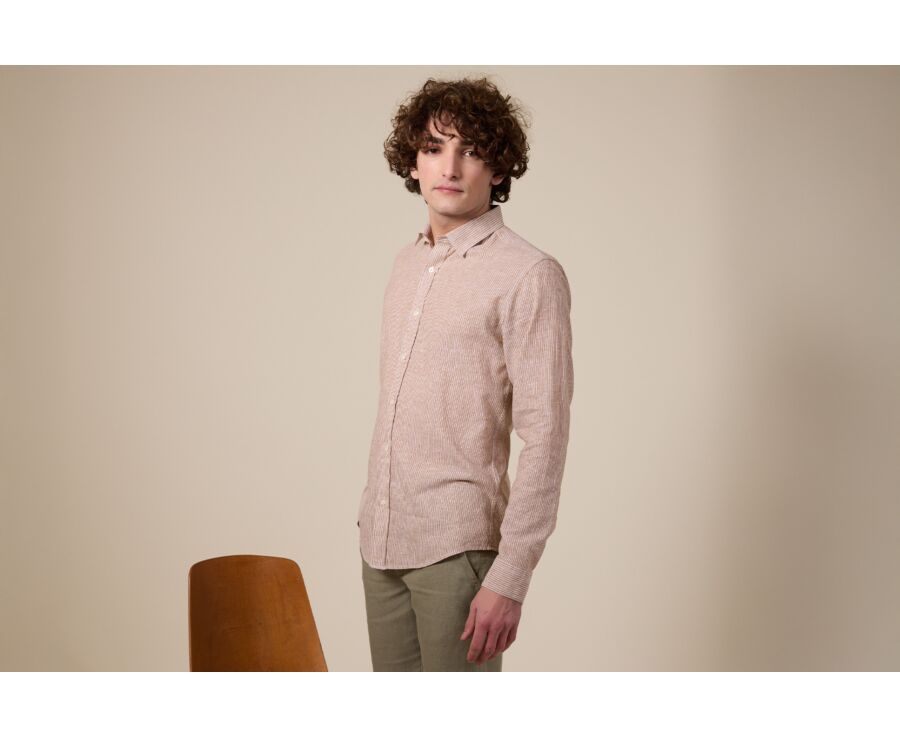 Chemise coton et lin Chambray Camel et Liseré Blanc - EDIBERT
