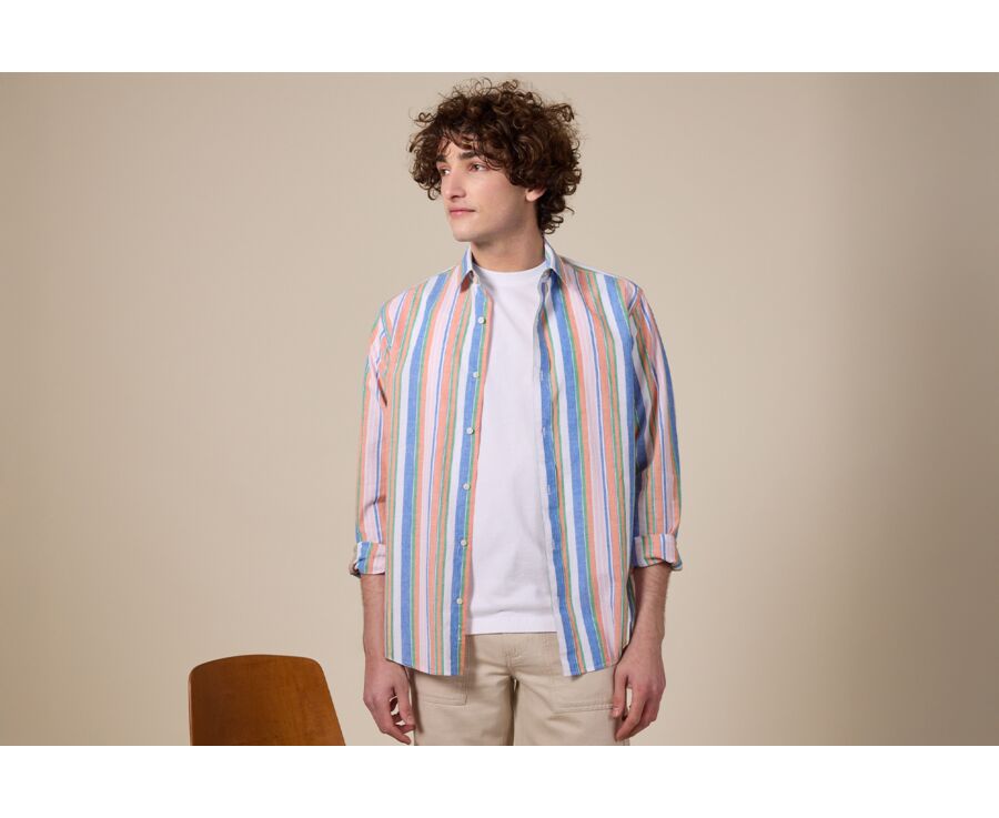 Chemise à rayures coton/lin Chambray Bleu Orange et Vert - EDIBERT