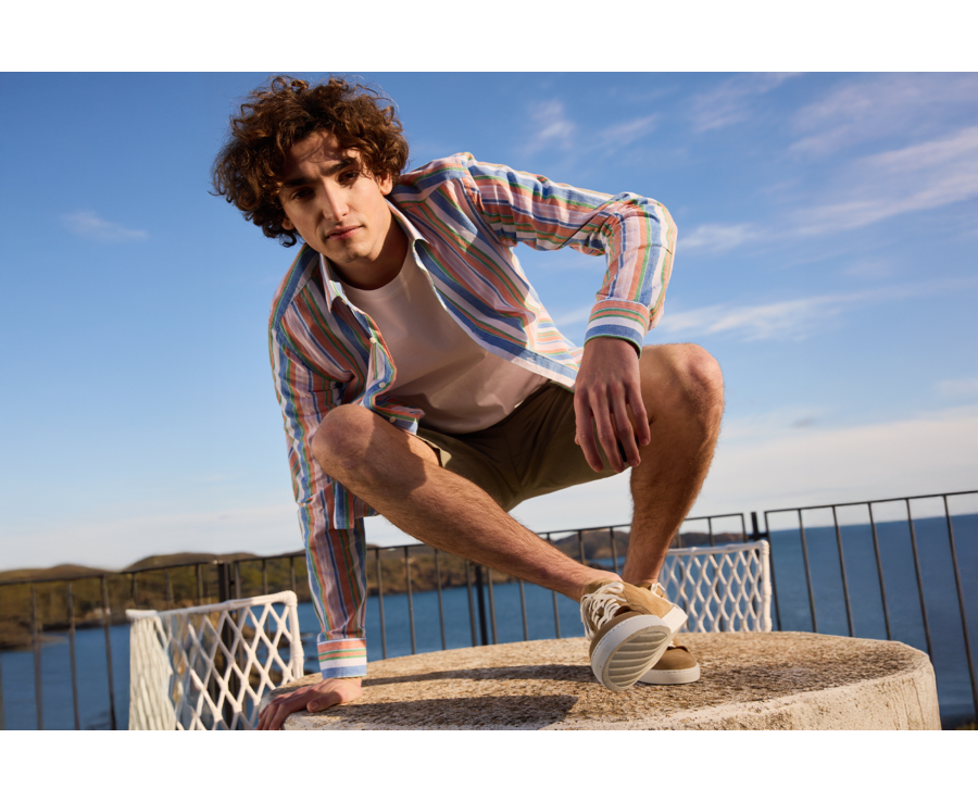 Chemise à rayures coton/lin Chambray Bleu Orange et Vert - EDIBERT