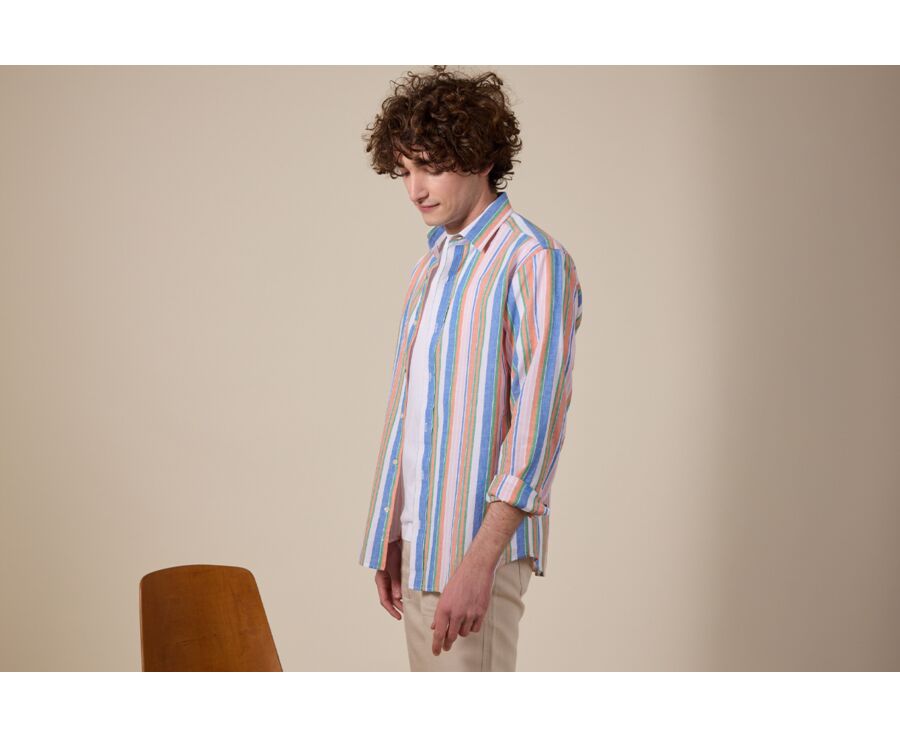 Chemise à rayures coton/lin Chambray Bleu Orange et Vert - EDIBERT