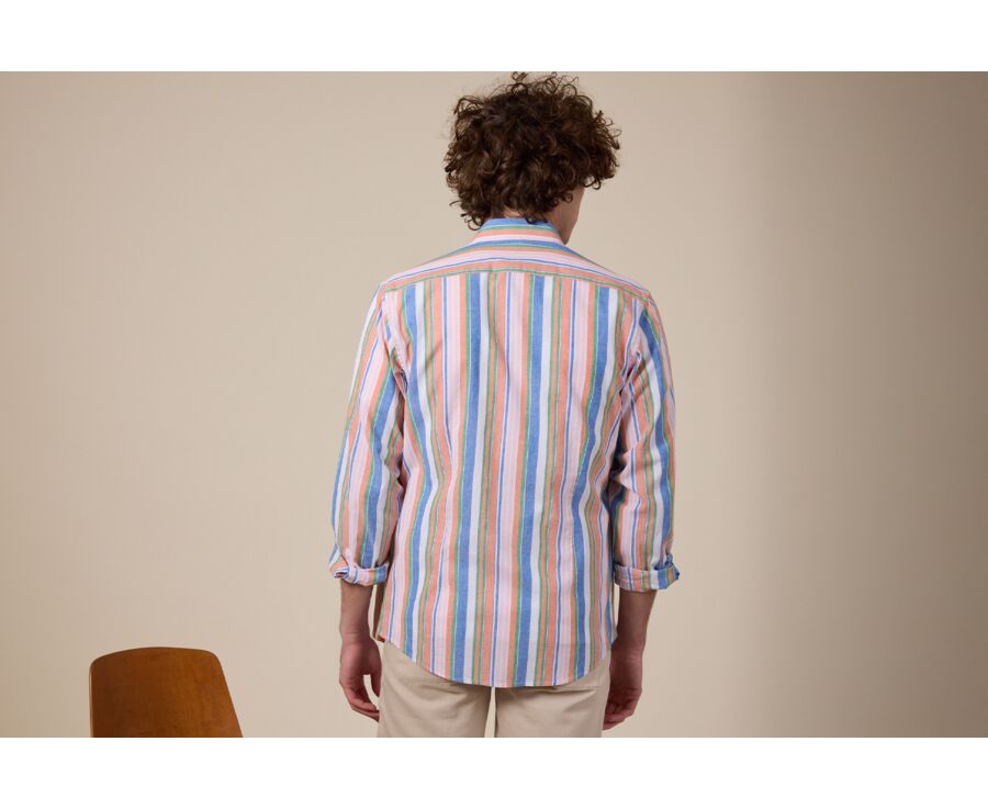 Chemise à rayures coton/lin Chambray Bleu Orange et Vert - EDIBERT