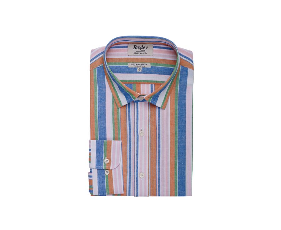 Chemise à rayures coton/lin Chambray Bleu Orange et Vert - EDIBERT