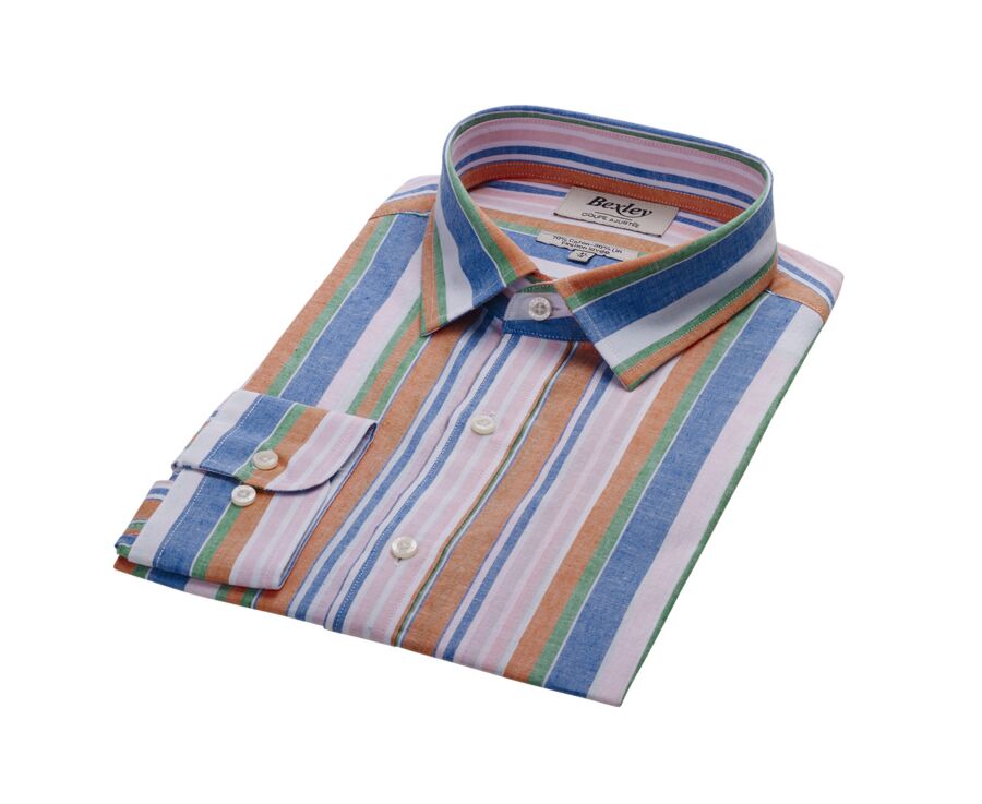 Chemise à rayures coton/lin Chambray Bleu Orange et Vert - EDIBERT