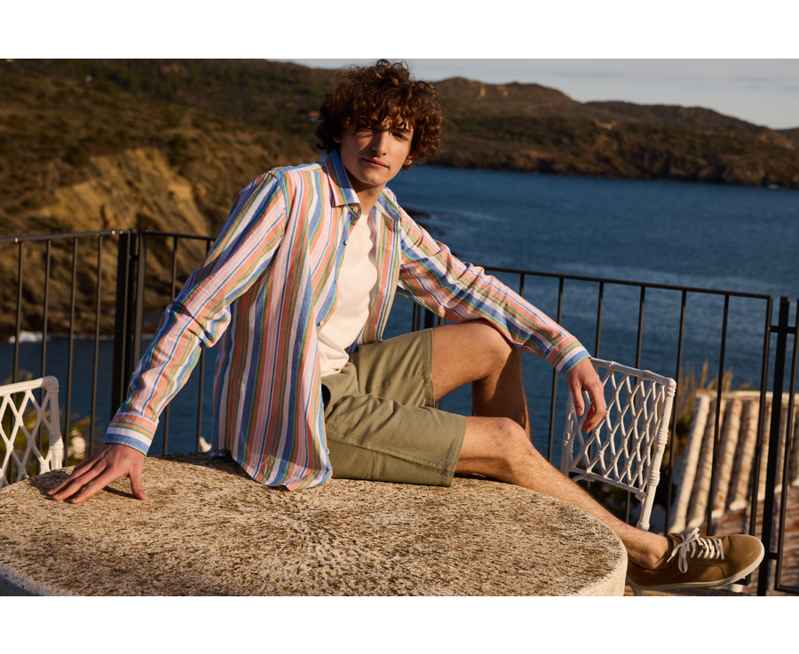 Chemise à rayures coton/lin Chambray Bleu Orange et Vert - EDIBERT