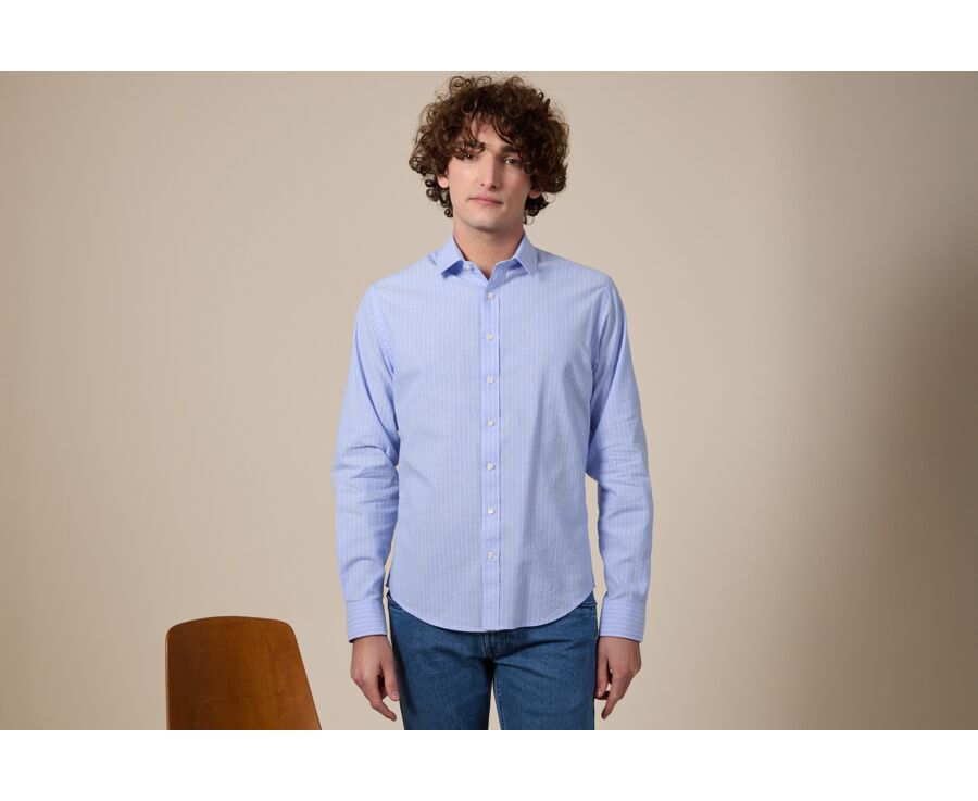 Chemise Homme à rayures coton/lin Bleu et Liseré Blanc - EDIBERT