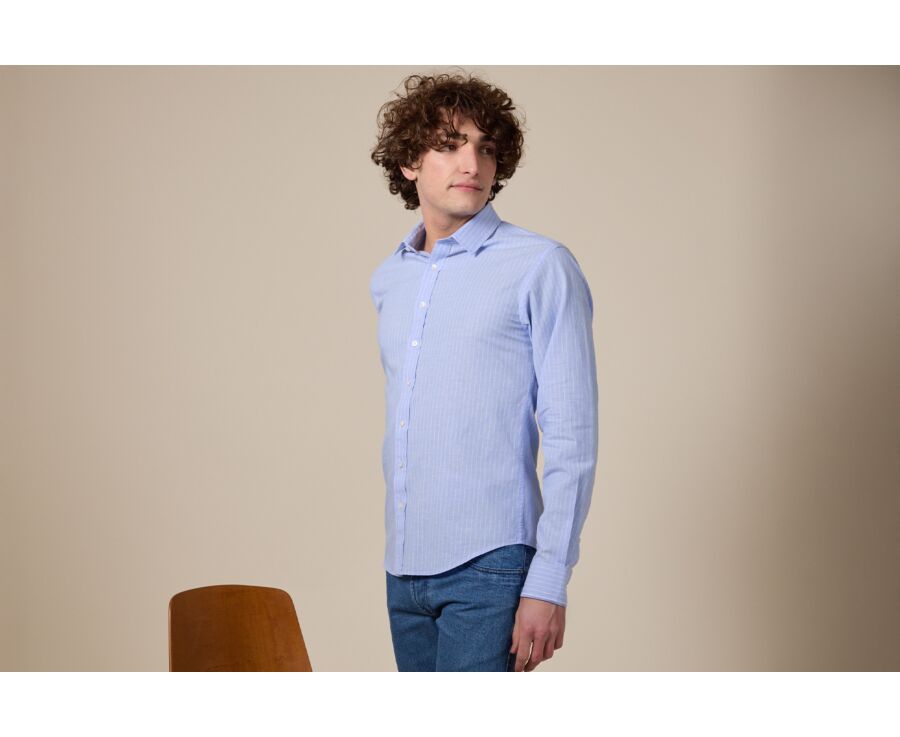 Chemise Homme à rayures coton/lin Bleu et Liseré Blanc - EDIBERT