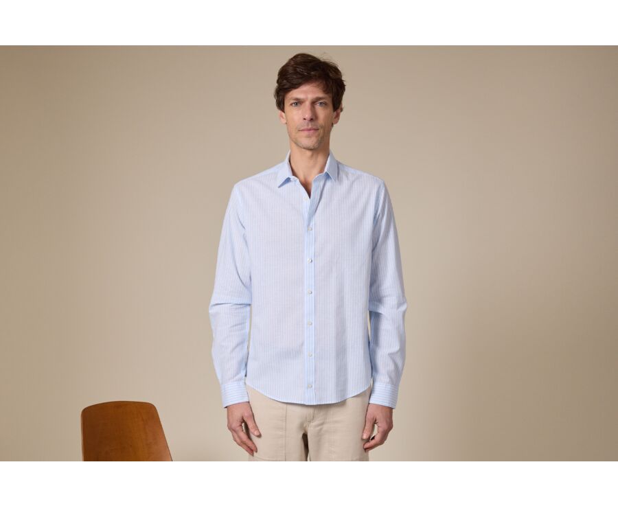 Chemise à rayures coton/lin Bleu Pâle et Blanc - EDIBERT