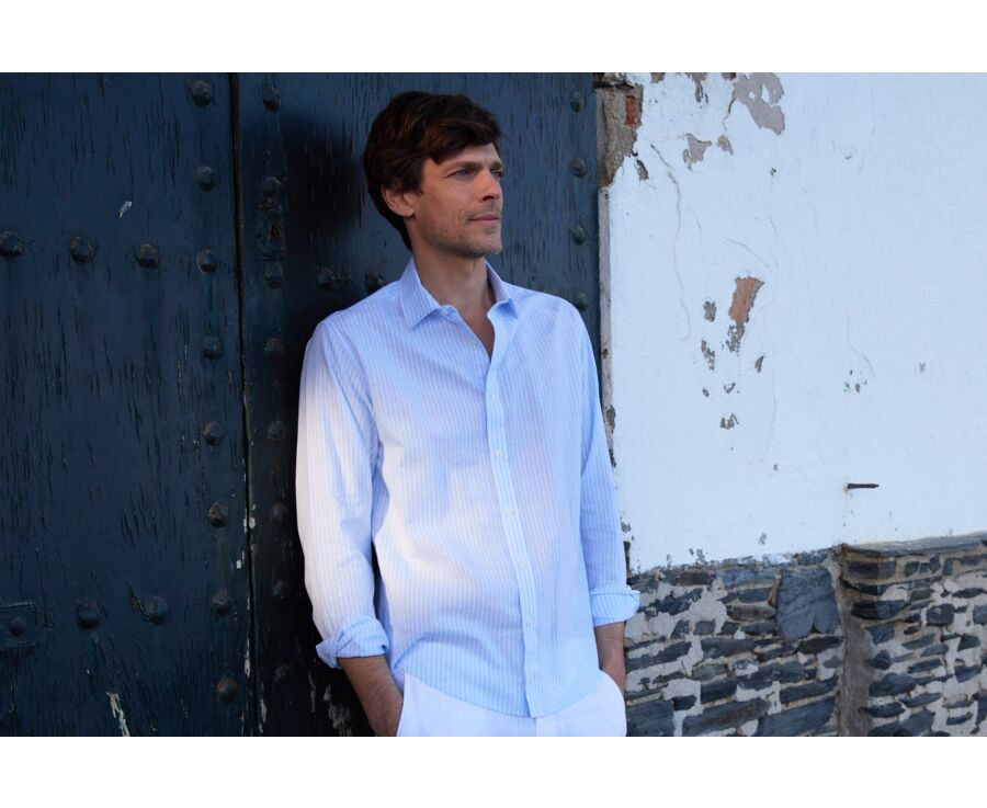 Chemise à rayures coton/lin Bleu Pâle et Blanc - EDIBERT