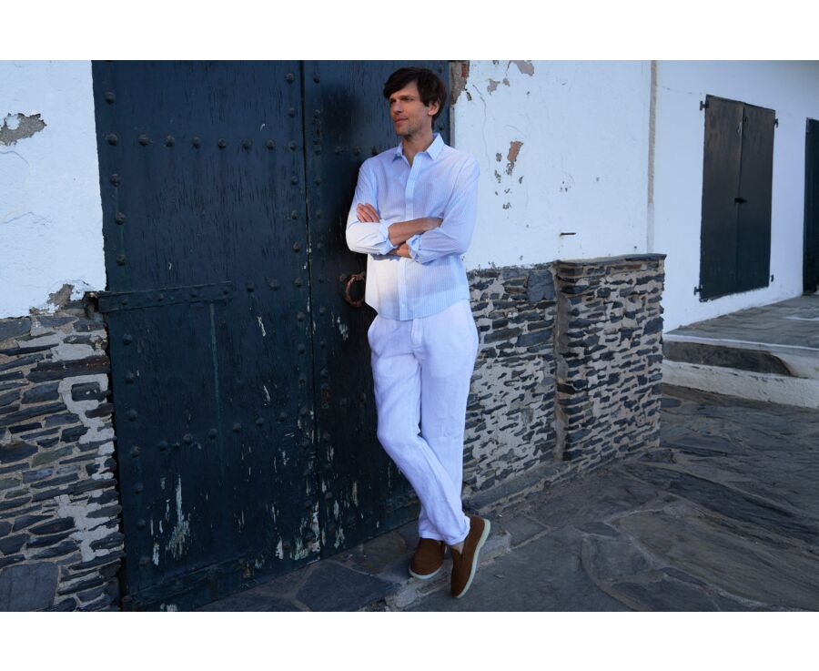 Chemise à rayures coton/lin Bleu Pâle et Blanc - EDIBERT