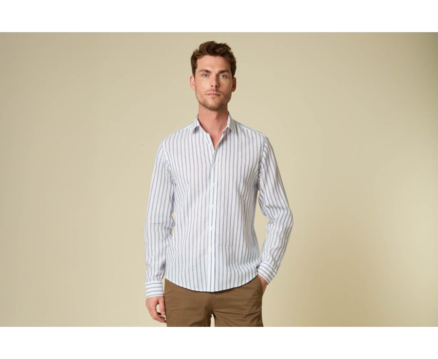 Chemise en coton et lin à rayures blanc et bleu gris - EDIBERT