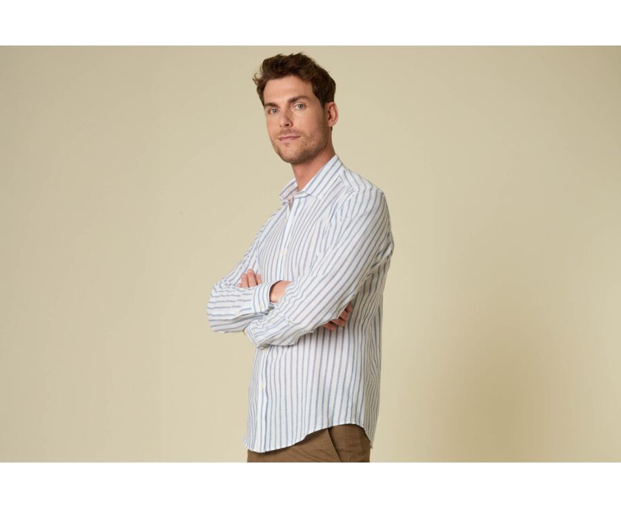 Chemise en coton et lin à rayures blanc et bleu gris - EDIBERT