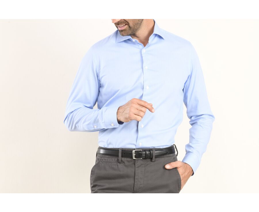 Chemise bleue rayée blanche - Col italien - AMEDEO