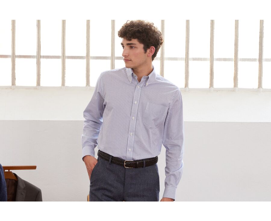 Chemise blanche à rayures bleues océan et poche poitrine - BRODERICK