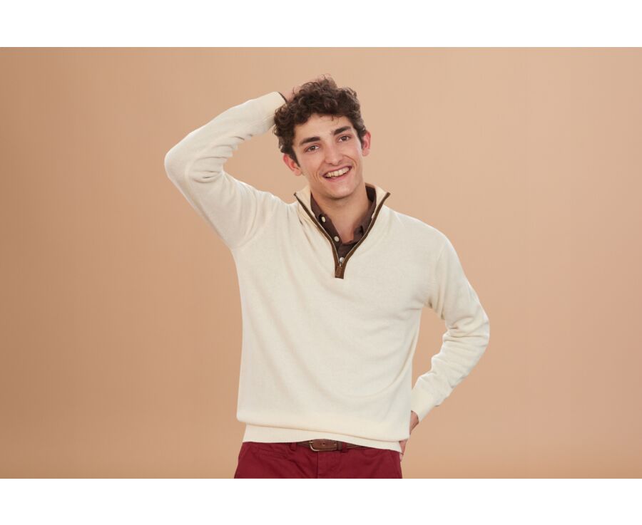 Pull col zippé homme laine Écru - KEITHY