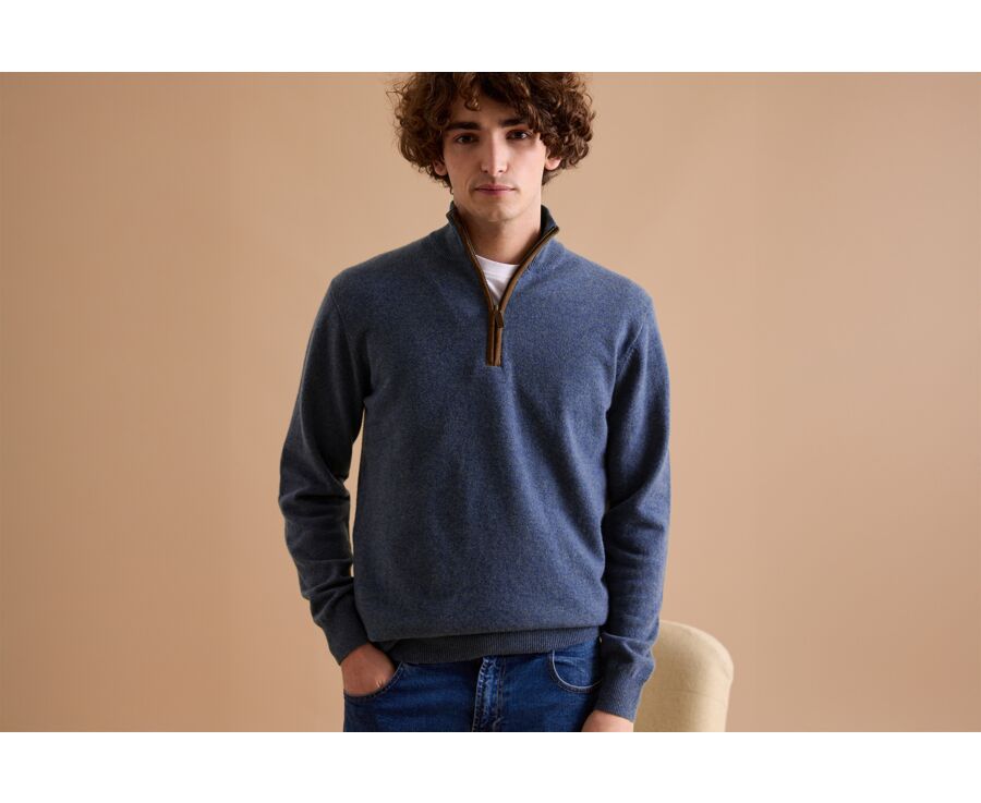 Pull col zippé homme laine Bleu Pétrole - KEITHY