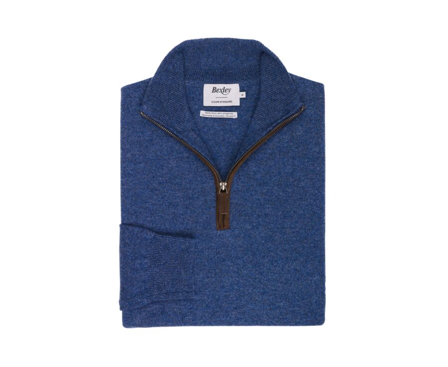 Pull homme col montant zippé bleu foncé chiné en laine - KEITHY