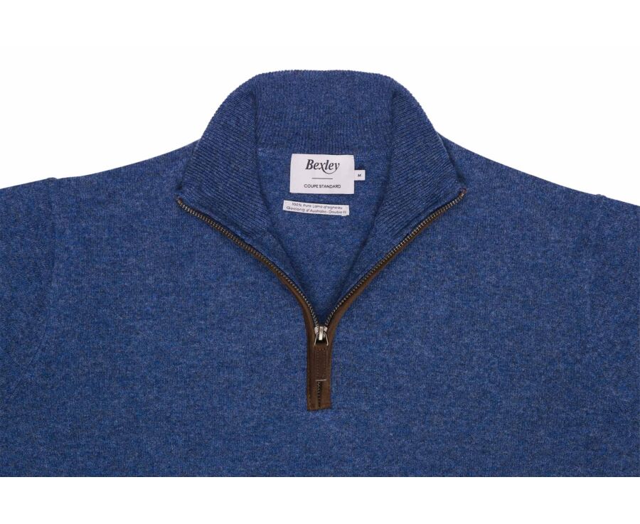 Pull homme col montant zippé bleu foncé chiné en laine - KEITHY