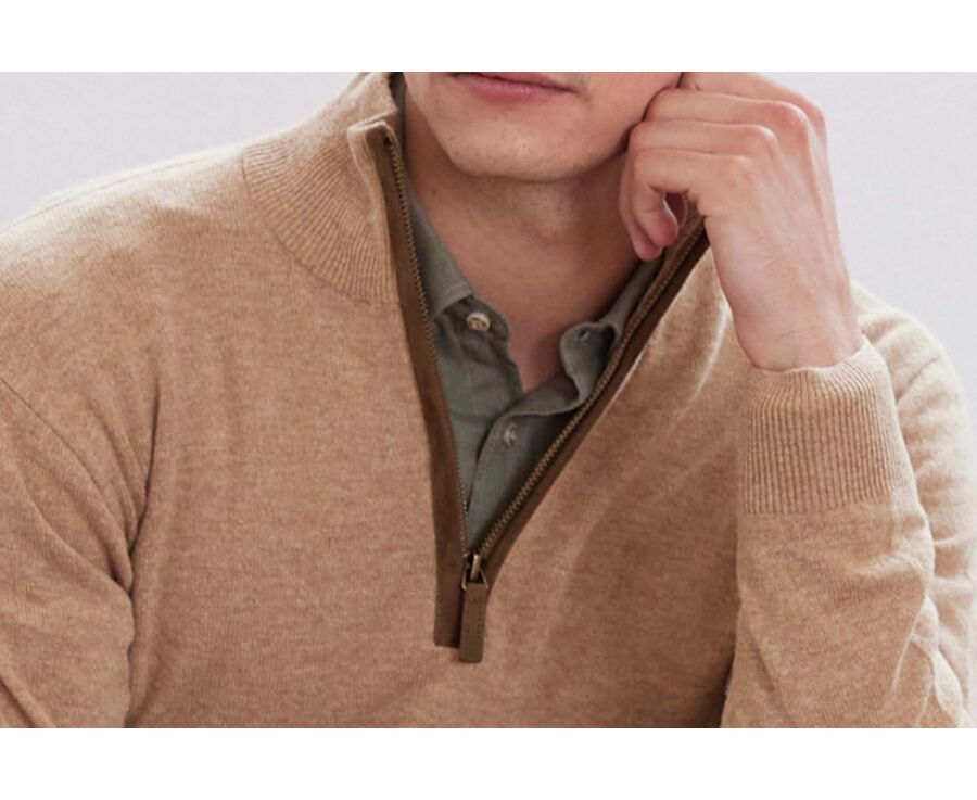 Pull col zippé homme laine Beige Foncé Chiné - KEITHY