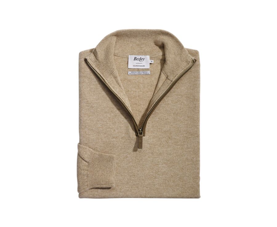 Pull col zippé homme laine Beige Foncé Chiné - KEITHY