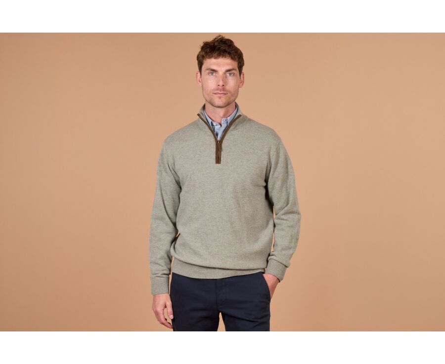 Pull homme col montant zippé kaki chiné en laine d'agneau - KEITHY