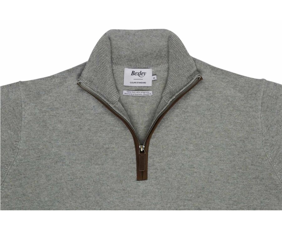 Pull homme col montant zippé kaki chiné en laine d'agneau - KEITHY