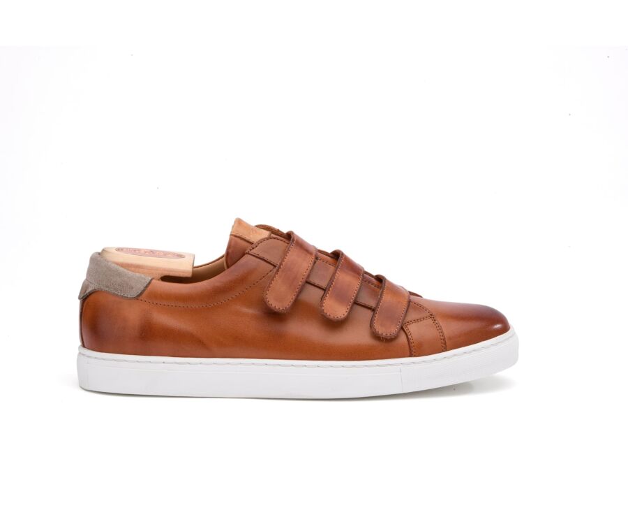 Sneakers cuir homme à scratch Châtaigne Patiné - DELTHORNE