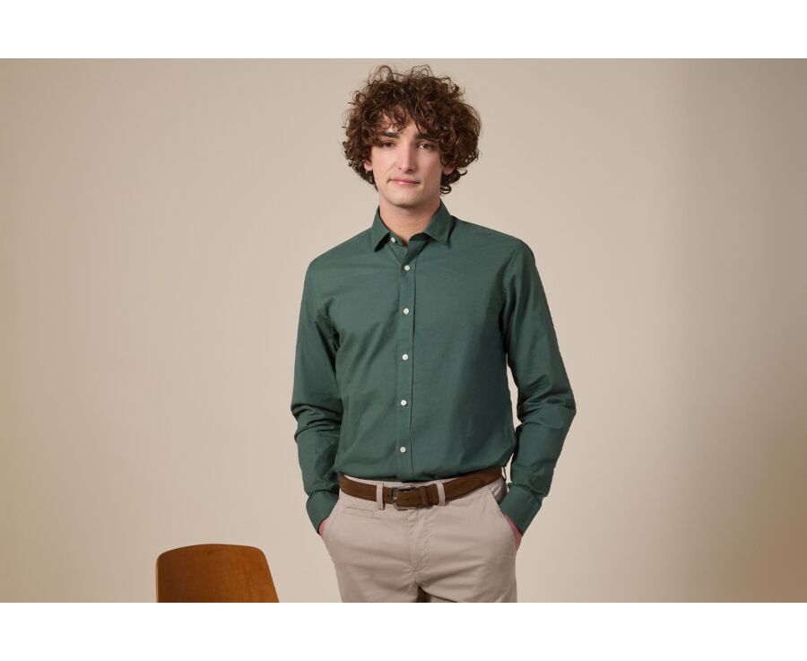 Chemise coton lin vert foncé unie - SILBERT