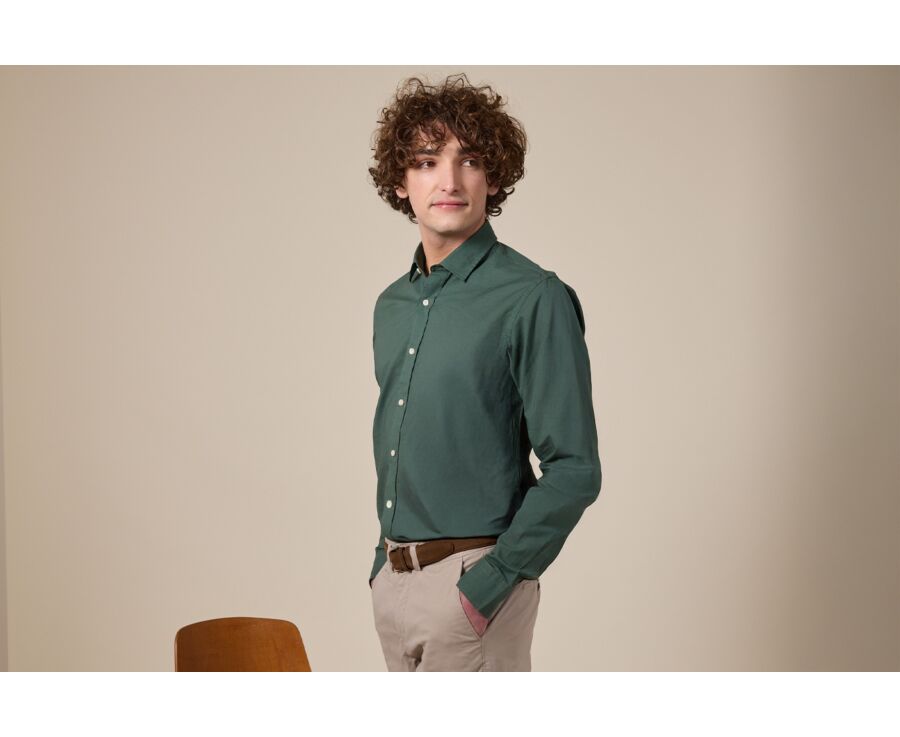 Chemise coton lin vert foncé unie - SILBERT