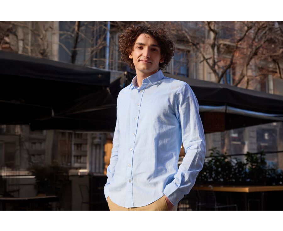 Chemise coton lin Chambray Bleu Clair - Col Français - SILBERT