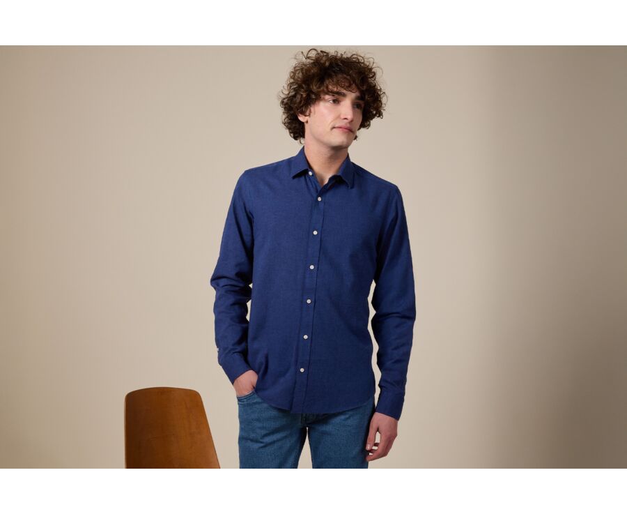 Chemise coton lin Chambray Indigo - Col Français - SILBERT