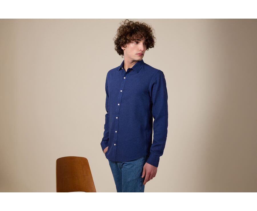 Chemise coton lin Chambray Indigo - Col Français - SILBERT