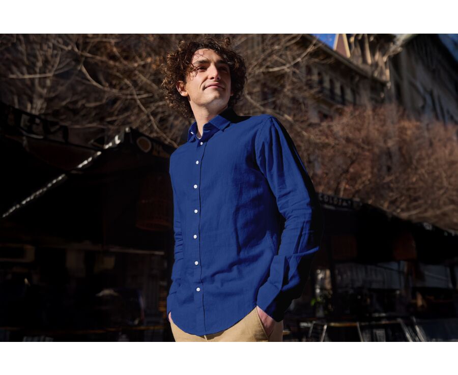 Chemise coton lin Chambray Indigo - Col Français - SILBERT