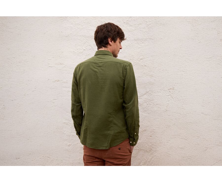 Chemise coton lin Chambray Vert Foret - Col Français - SILBERT