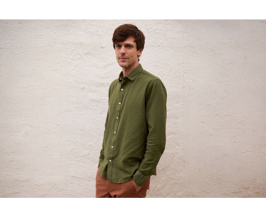 Chemise coton lin Chambray Vert Foret - Col Français - SILBERT