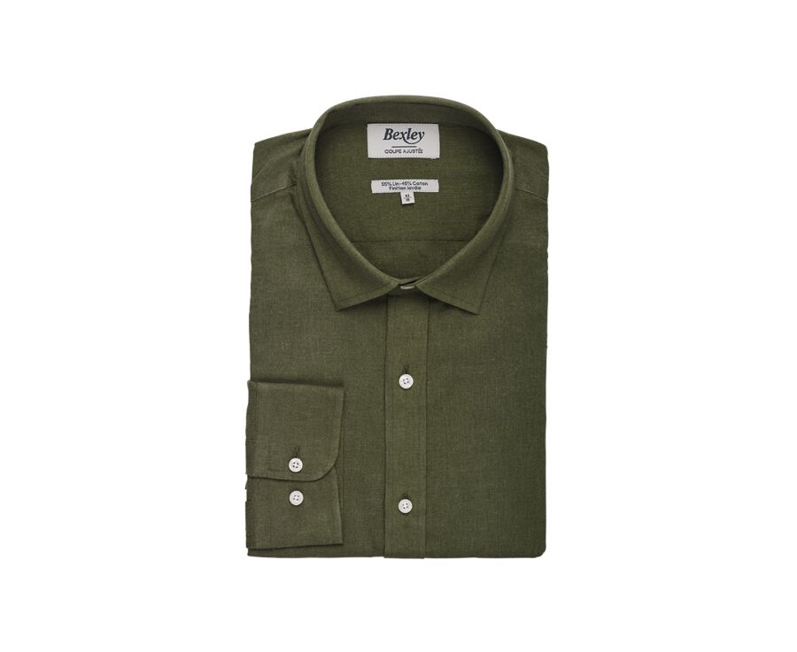 Chemise coton lin Chambray Vert Foret - Col Français - SILBERT