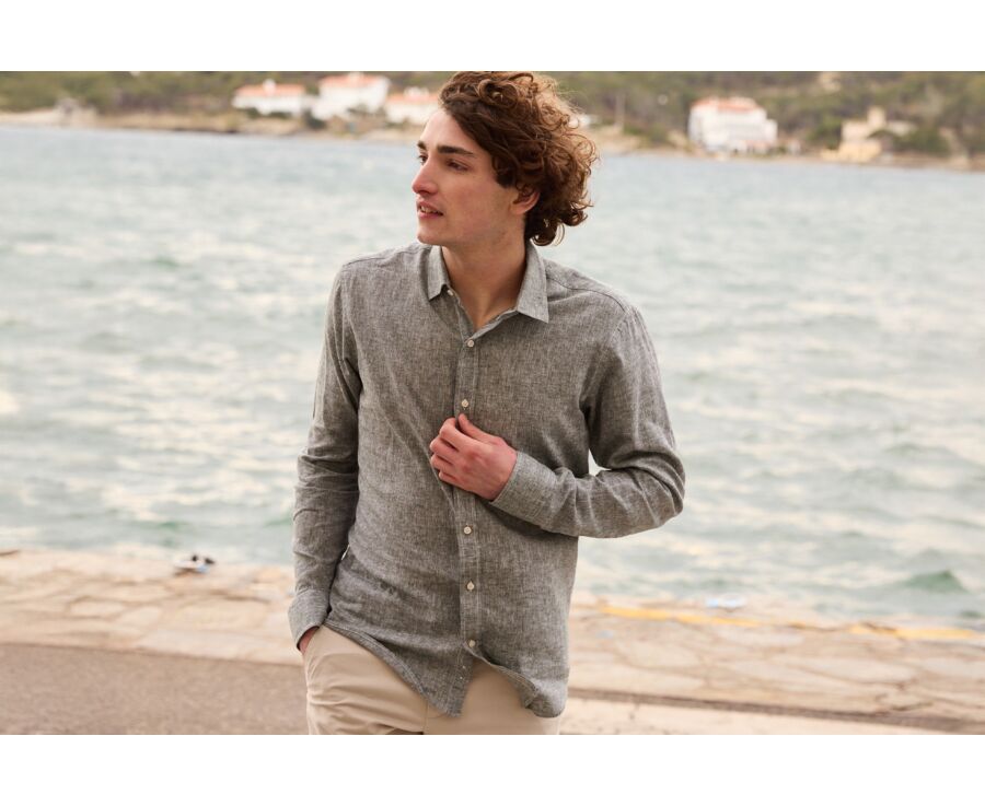 Chemise coton lin  Vert Foncé - Col Français - SILBERT