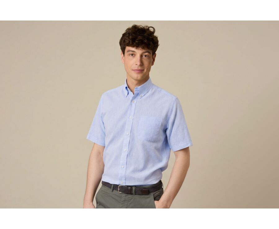 Chemise coton et lin Chambray Bleu - Poche poitrine - COLTEN MC
